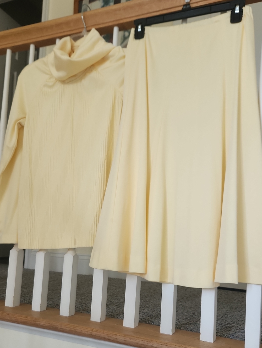 Vintage Pale Yellow Pleated Turtleneck Top and Matching A-Line Skirt Set